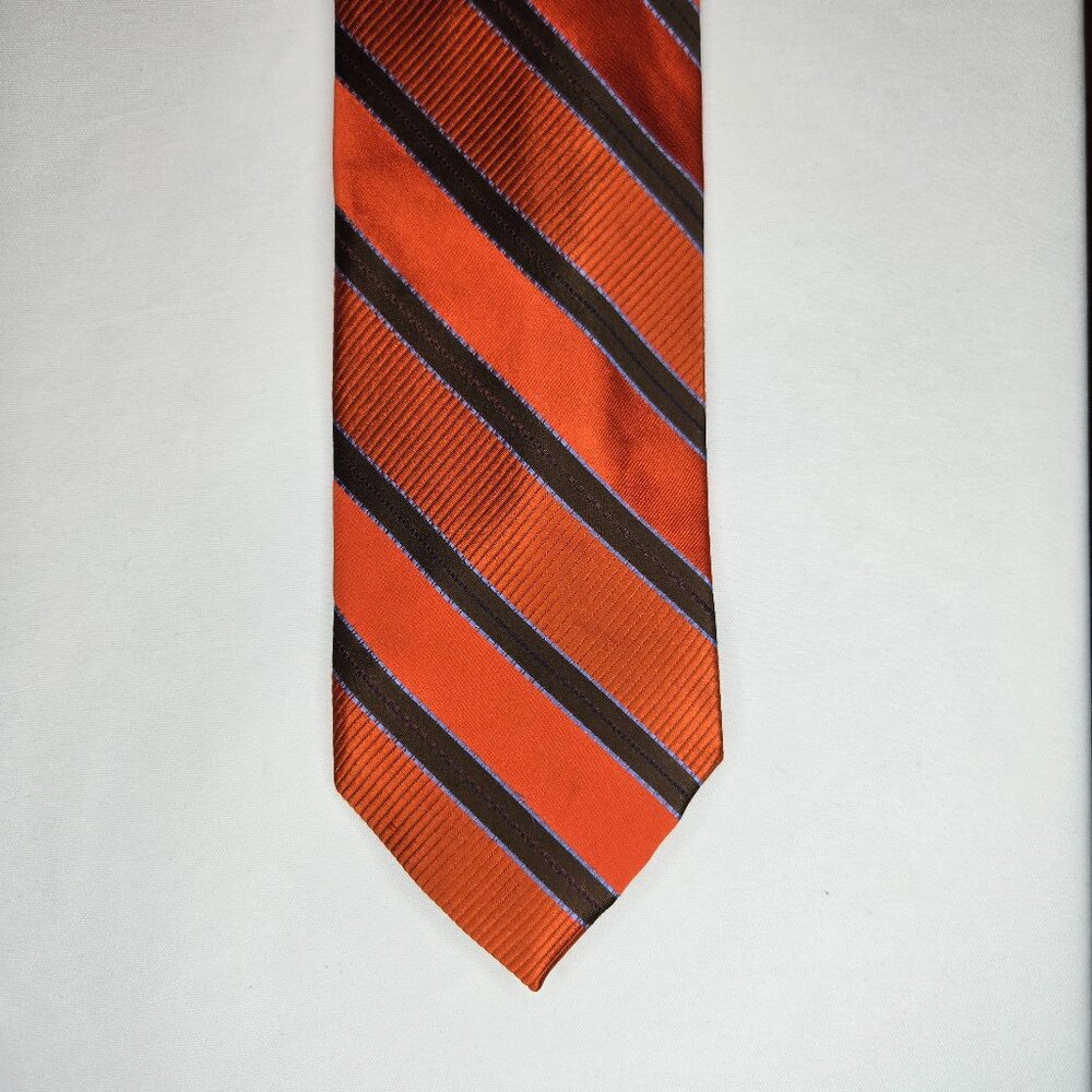 Barneys New York Repp Tie Orange Brown Stripe 100% Silk USA Made 58" x 3.5"